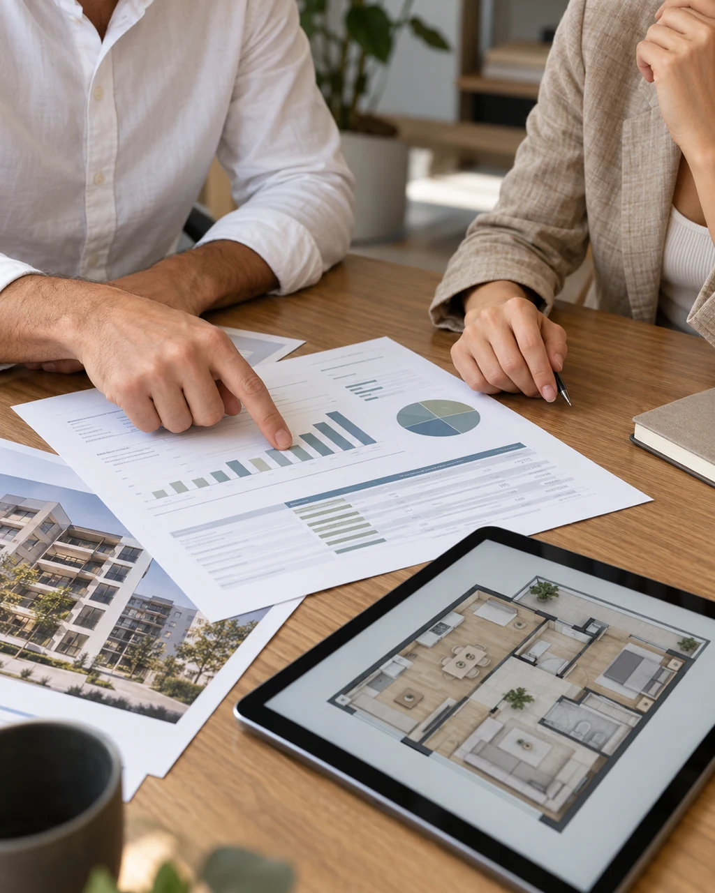 Asesoría de inversión inmobiliaria: revisión de una evaluación financiera y un plano de departamento