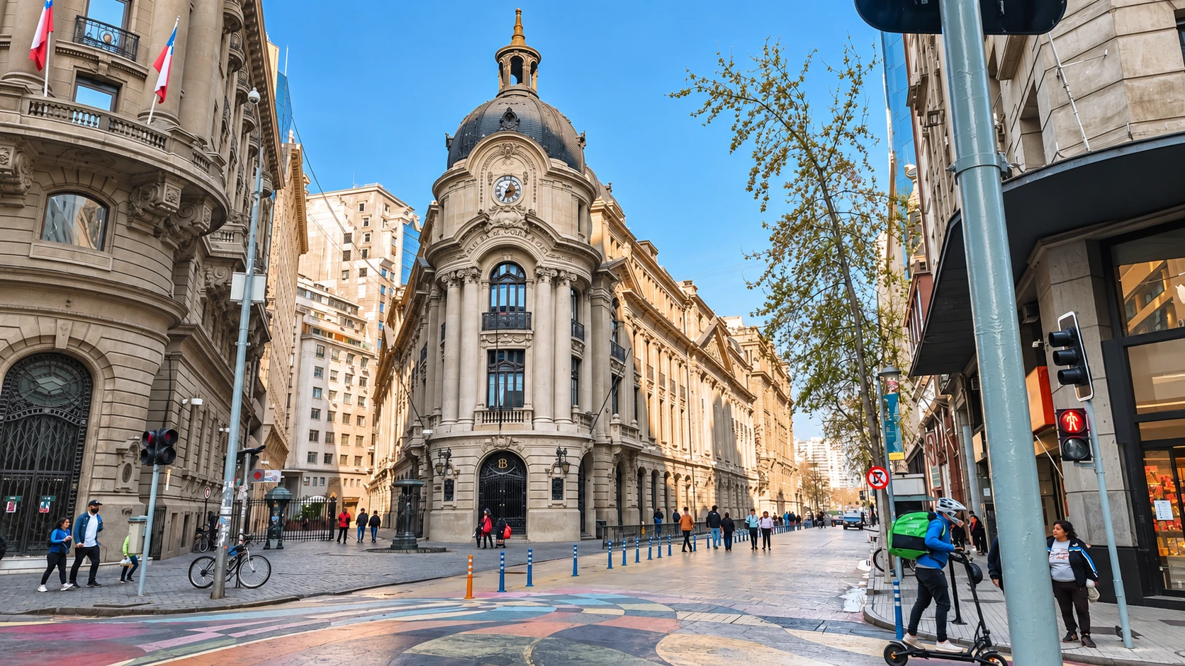 Edificio de la Bolsa de Comercio y calles del centro de Santiago